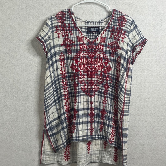 Johnny Was Tops - Johnny Was Workshop Embroidered Plaid Boho Top Size Small
